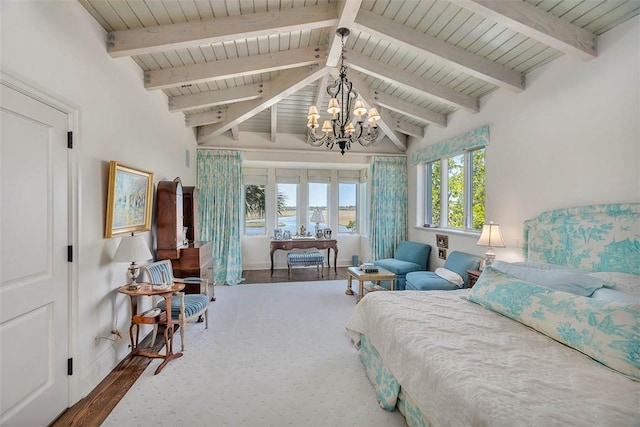 bedroom featuring high vaulted ceiling, french doors, an inviting chandelier, dark hardwood / wood-style floors, and beam ceiling