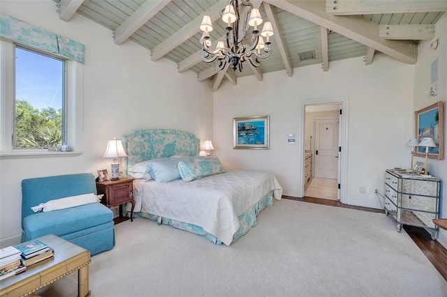 bedroom featuring wood-type flooring, vaulted ceiling with beams, wooden ceiling, and a notable chandelier