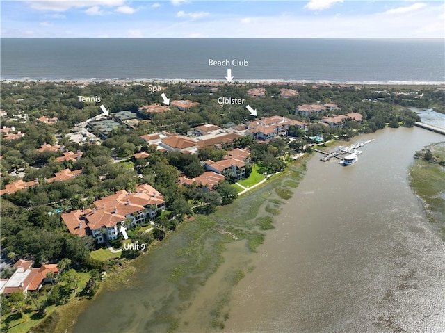 drone / aerial view with a water view