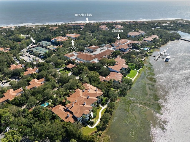 aerial view featuring a water view