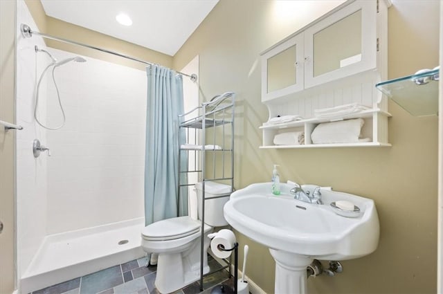 full bathroom featuring a shower stall and toilet