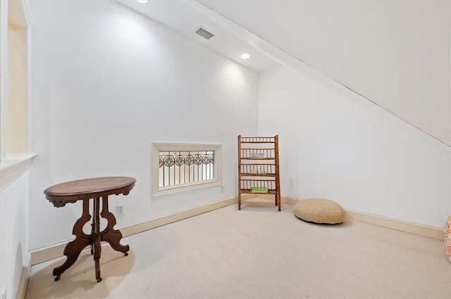 sitting room with recessed lighting, visible vents, carpet flooring, and baseboards