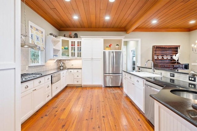 kitchen with backsplash, open shelves, wood ceiling, stainless steel appliances, and a sink