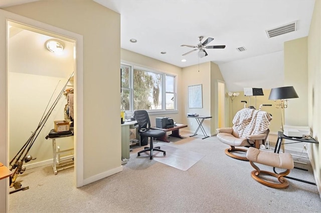 carpeted home office with recessed lighting, visible vents, baseboards, and a ceiling fan