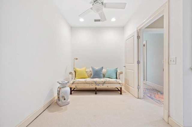 sitting room featuring visible vents, baseboards, carpet, recessed lighting, and a ceiling fan