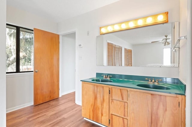 full bathroom featuring a sink, double vanity, baseboards, and wood finished floors