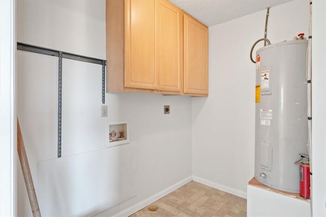 laundry area with cabinet space, water heater, light floors, electric dryer hookup, and washer hookup