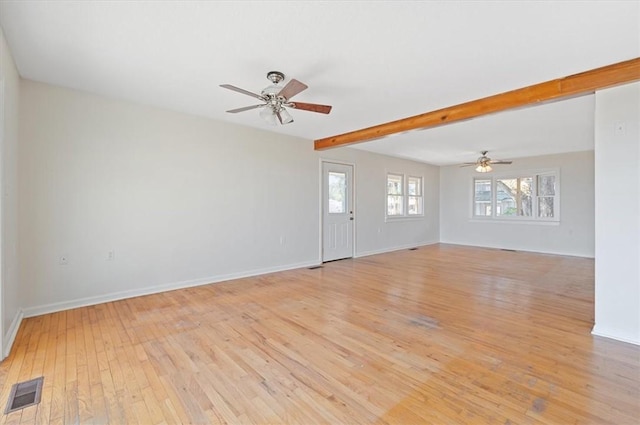 unfurnished room featuring a ceiling fan, beamed ceiling, light wood finished floors, and visible vents