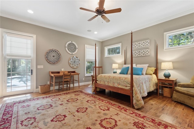 bedroom with access to exterior, hardwood / wood-style floors, ceiling fan, and ornamental molding