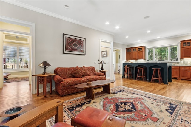 living room with light hardwood / wood-style floors and crown molding