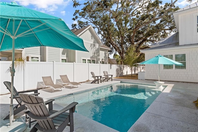 view of pool with a fenced backyard, a fenced in pool, and a patio