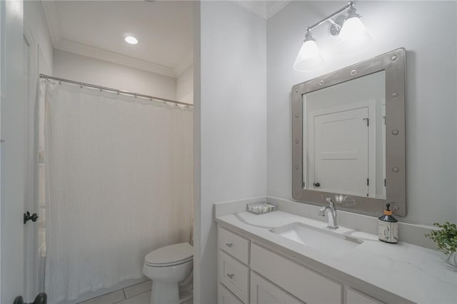 bathroom with vanity, tile patterned floors, toilet, ornamental molding, and walk in shower