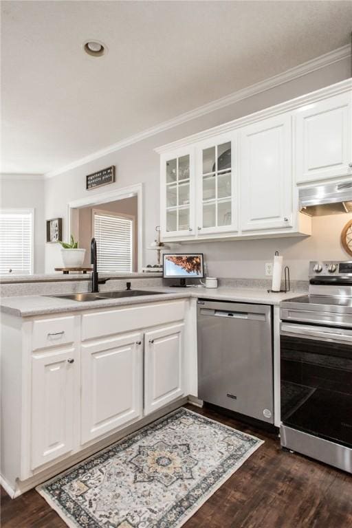 kitchen with appliances with stainless steel finishes, white cabinetry, sink, dark hardwood / wood-style flooring, and ornamental molding