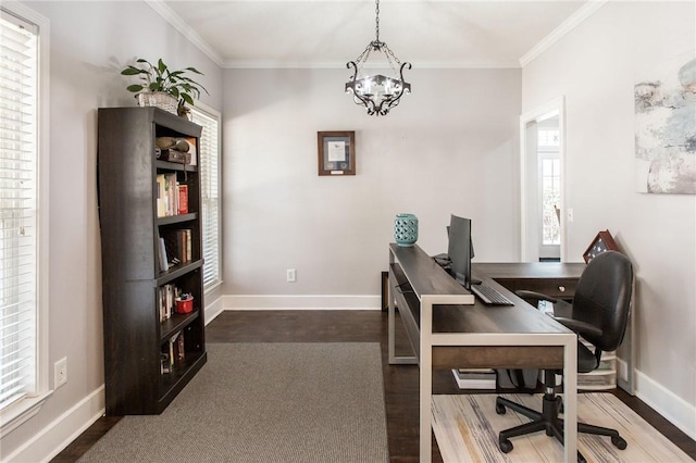 office space featuring hardwood / wood-style flooring, crown molding, and a chandelier