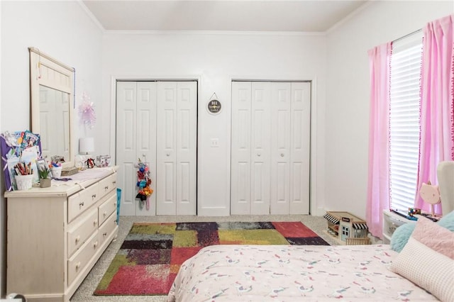 bedroom with multiple closets, ornamental molding, and multiple windows