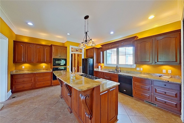 4949 Trudie Rd, Blackshear, GA 31516 - kitchen featuring black appliances, ornamental molding, light stone counters, a kitchen island, and hanging light fixtures
