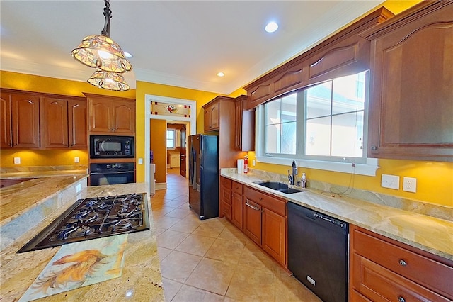 4949 Trudie Rd, Blackshear, GA 31516 - kitchen featuring black appliances, light stone countertops, light tile patterned flooring, decorative light fixtures, and crown molding