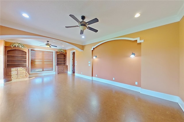 4949 Trudie Rd, Blackshear, GA 31516 - empty room with a ceiling fan, arched walkways, crown molding, and recessed lighting