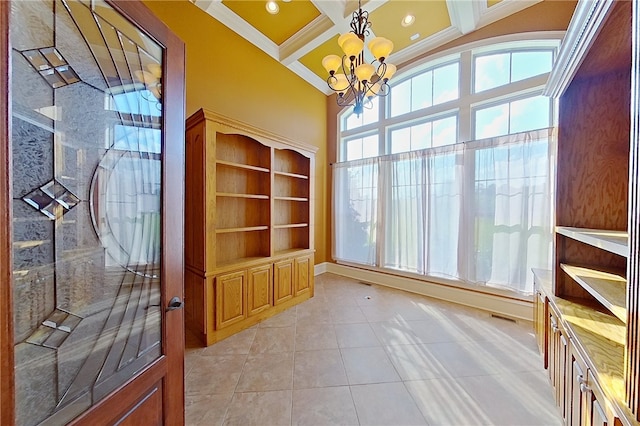 4949 Trudie Rd, Blackshear, GA 31516 - unfurnished dining area featuring light tile patterned floors, a chandelier, beamed ceiling, coffered ceiling, and ornamental molding