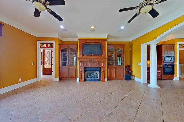 4949 Trudie Rd, Blackshear, GA 31516 - unfurnished living room with a ceiling fan, ornamental molding, light tile patterned floors, ornate columns, and recessed lighting