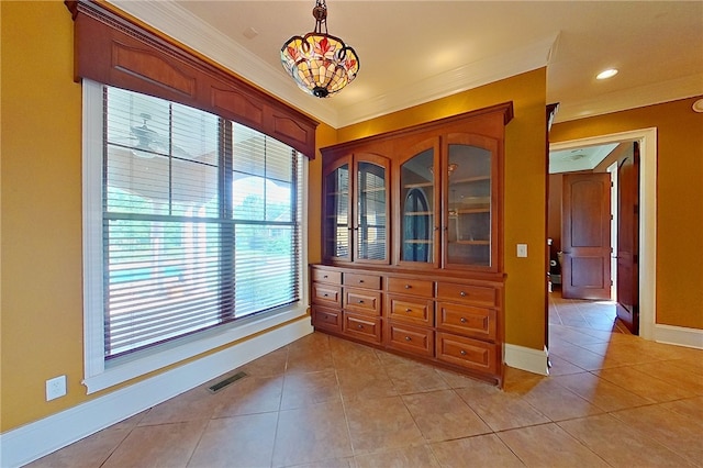 4949 Trudie Rd, Blackshear, GA 31516 - dining space featuring light tile patterned floors, ornamental molding, recessed lighting, and a chandelier