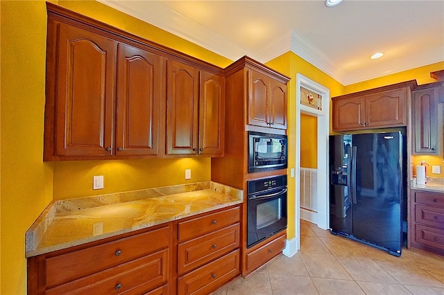 4949 Trudie Rd, Blackshear, GA 31516 - kitchen featuring black appliances, light stone counters, light tile patterned flooring, and ornamental molding