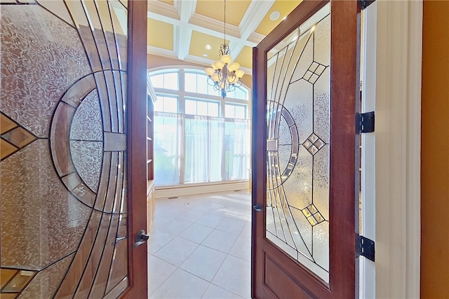 4949 Trudie Rd, Blackshear, GA 31516 - tiled entrance foyer featuring ornamental molding, coffered ceiling, a chandelier, and beamed ceiling
