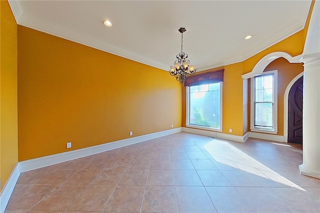4949 Trudie Rd, Blackshear, GA 31516 - unfurnished room with crown molding, a chandelier, light tile patterned floors, recessed lighting, and arched walkways