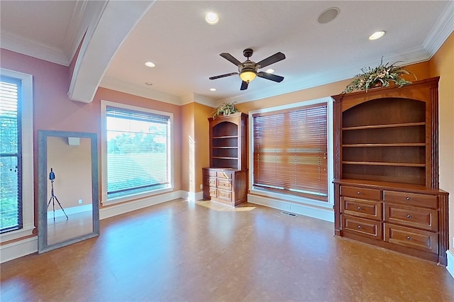 4949 Trudie Rd, Blackshear, GA 31516 - unfurnished living room featuring ornamental molding, plenty of natural light, a ceiling fan, and recessed lighting