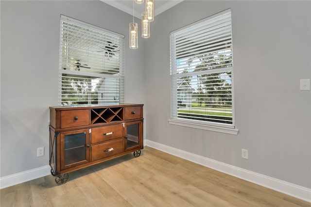 interior space featuring light hardwood / wood-style floors and ornamental molding