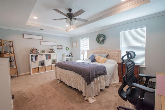 200 Pistachio Ln, Kingsland, GA 31548 - bedroom featuring a tray ceiling, crown molding, recessed lighting, light colored carpet, and ceiling fan