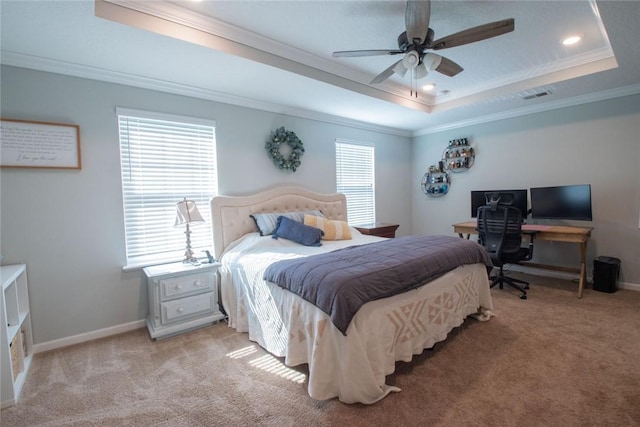 200 Pistachio Ln, Kingsland, GA 31548 - bedroom with a raised ceiling, ornamental molding, light colored carpet, recessed lighting, and a ceiling fan