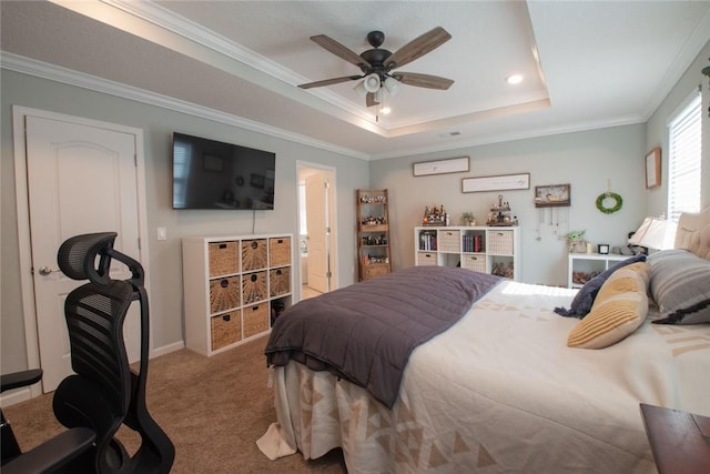 200 Pistachio Ln, Kingsland, GA 31548 - carpeted bedroom with a tray ceiling, ornamental molding, recessed lighting, connected bathroom, and a ceiling fan