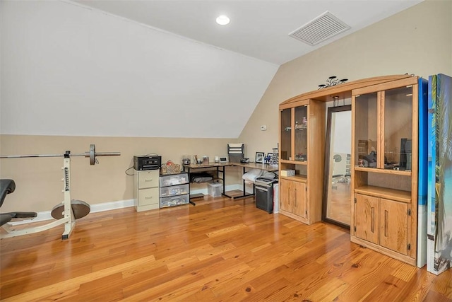 126 Riverwalk Dr, Brunswick, GA 31523 - office area featuring vaulted ceiling, light wood-style flooring, baseboards, and recessed lighting
