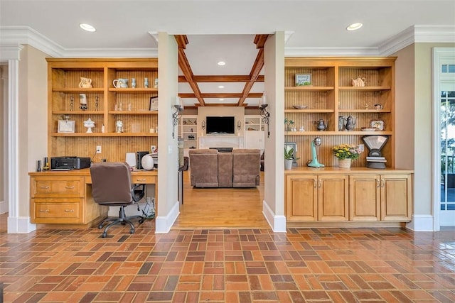 126 Riverwalk Dr, Brunswick, GA 31523 - home office with baseboards, brick patterned flooring, built in study area, crown molding, and recessed lighting