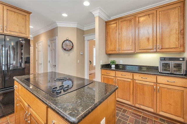 126 Riverwalk Dr, Brunswick, GA 31523 - kitchen featuring black appliances, a center island, crown molding, brick patterned floors, and recessed lighting