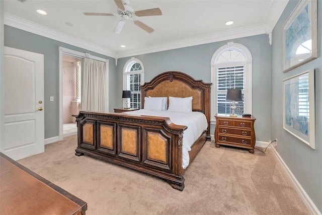 bedroom featuring light carpet, crown molding, and ceiling fan