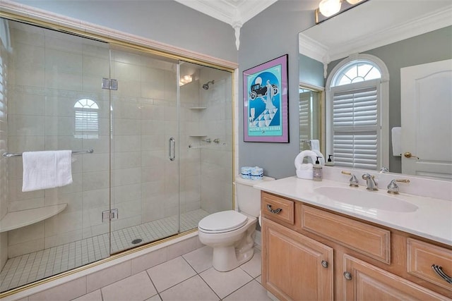 bathroom with vanity, tile patterned flooring, a shower with door, and ornamental molding