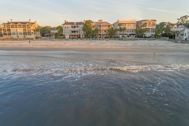 view of water feature with a beach view