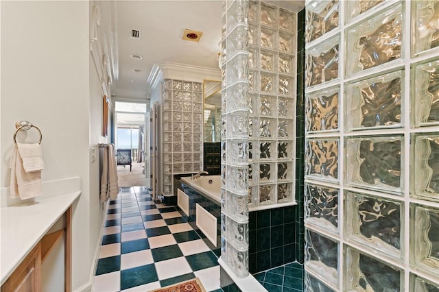 bathroom with crown molding, vanity, and independent shower and bath