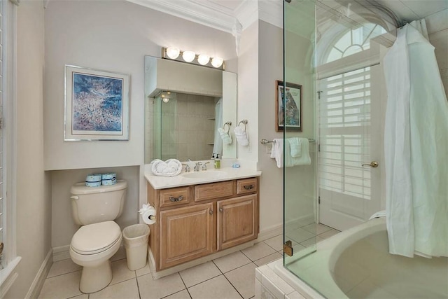 full bathroom featuring independent shower and bath, vanity, toilet, crown molding, and tile patterned floors