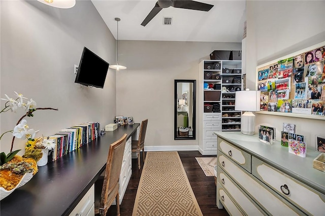 office space featuring a ceiling fan, baseboards, visible vents, and dark wood-style flooring