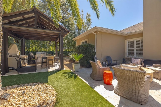 view of yard with a patio area, an outdoor living space, and an outdoor kitchen