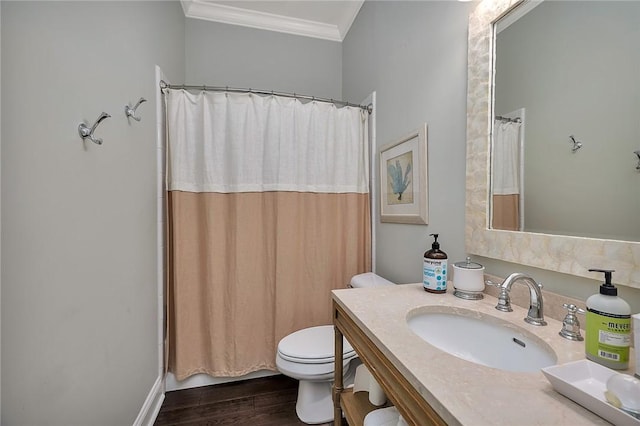 full bath featuring a shower with shower curtain, toilet, ornamental molding, wood finished floors, and vanity