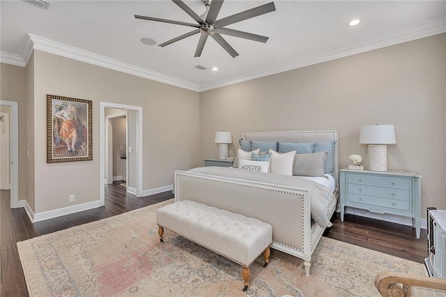 bedroom with baseboards, dark wood finished floors, ceiling fan, crown molding, and recessed lighting