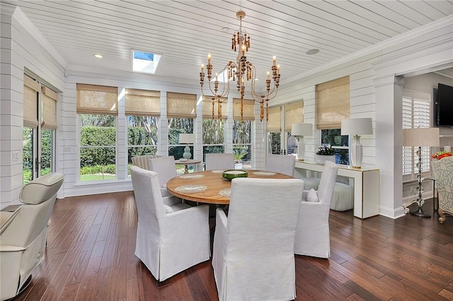 dining room featuring ornamental molding, wooden ceiling, dark wood finished floors, and a notable chandelier