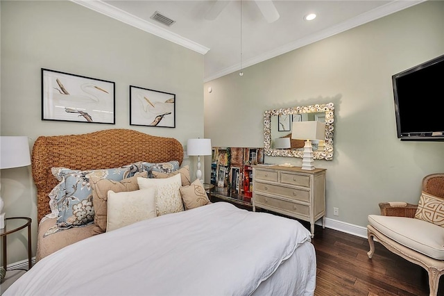 bedroom with recessed lighting, wood finished floors, visible vents, baseboards, and crown molding