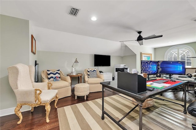 office area featuring recessed lighting, visible vents, ceiling fan, vaulted ceiling, and wood finished floors