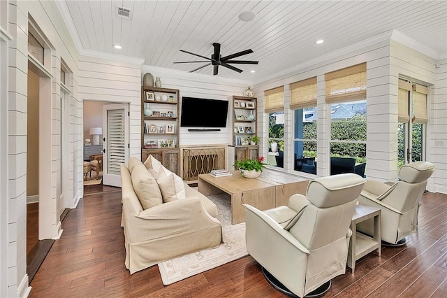 living room featuring ornamental molding, wooden ceiling, wood-type flooring, and visible vents