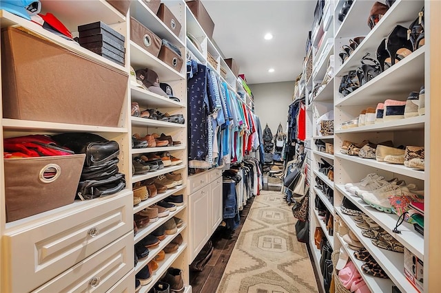 spacious closet with dark wood-type flooring